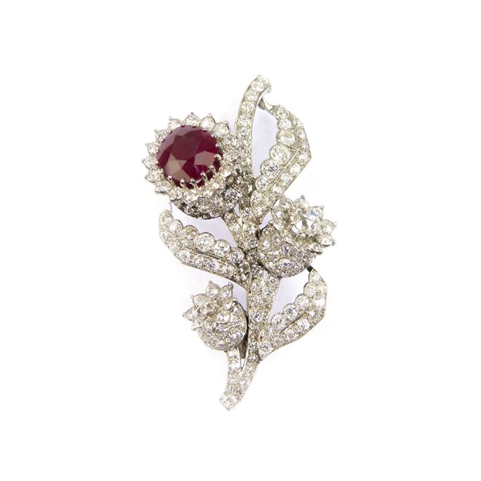   Cartier - Ruby and diamond floral spray brooch | MasterArt